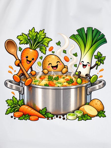 Fröhliche Gemüsefreunde kochen Suppe 