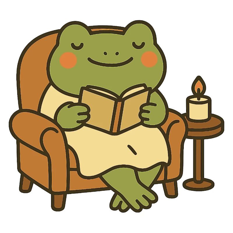 Grenouille lisant dans un fauteuil – Soirée douillette