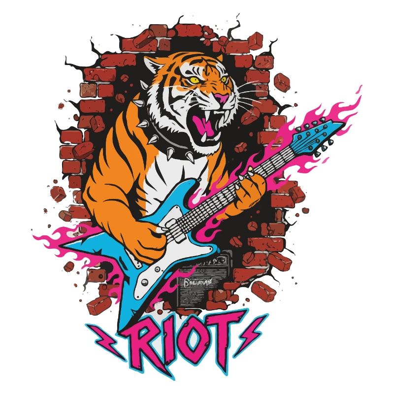 Tiger with guitar against rubble wall