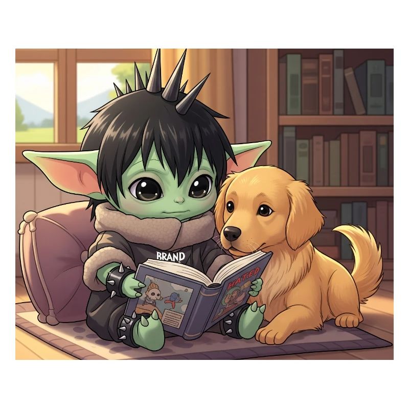 Kleiner Goblin mit Hund und Comic-Book