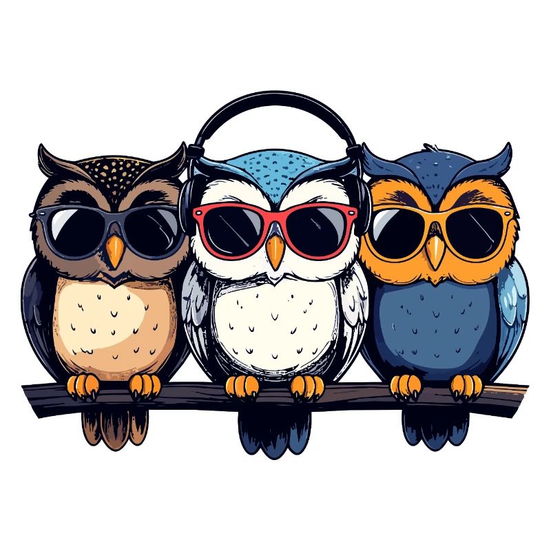 Drei coole Eulen Trio mit Sonnenbrille Kopfhörer