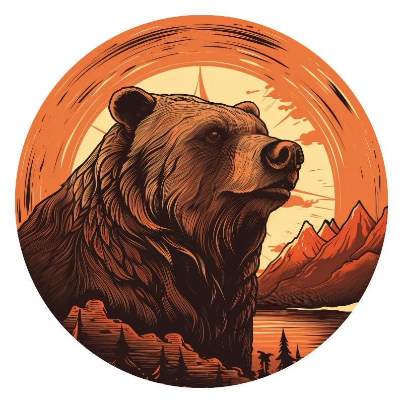 Retro Brown Bear in Canada Mountains Sunset