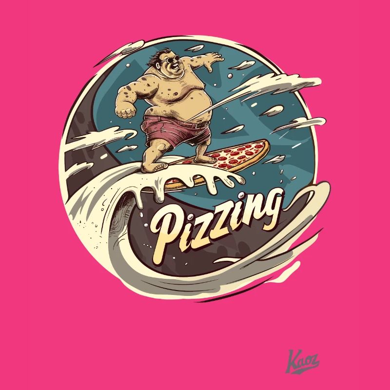 Big surfer guy surfing on a pizza wave