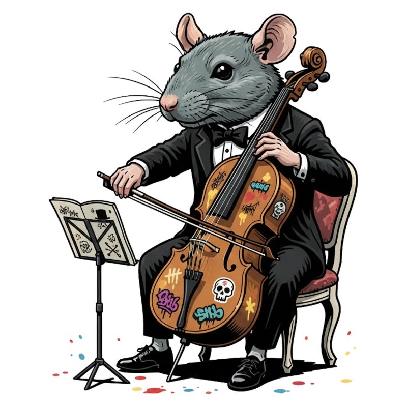 Rat in tuxedo playing cello