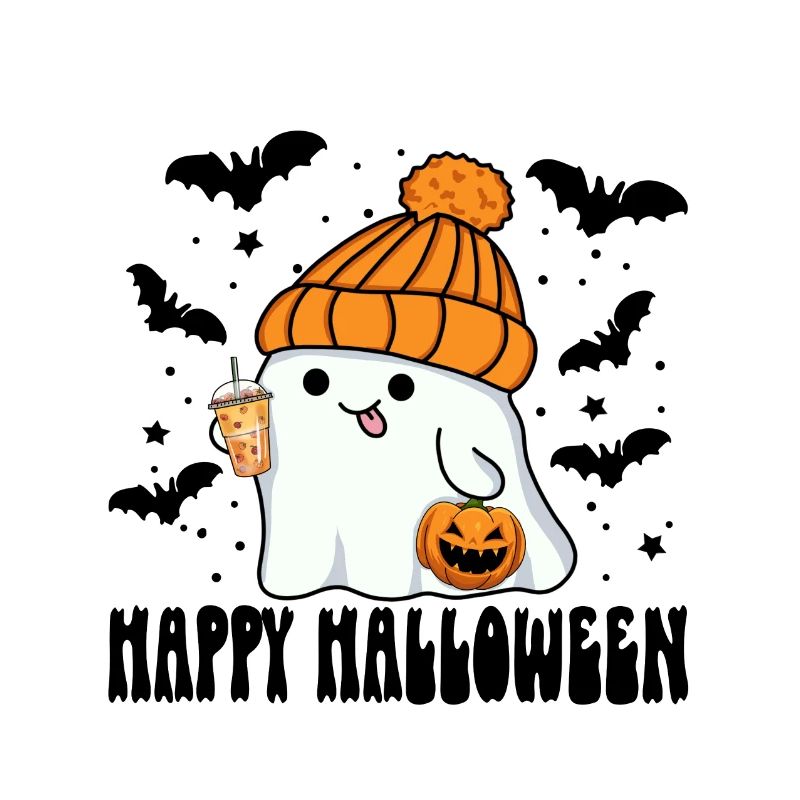 Halloween Ghost with Bubble Tea Jack-o-lantern Hat
