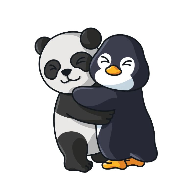 Panda avec pingouin aime les animaux mignons doux
