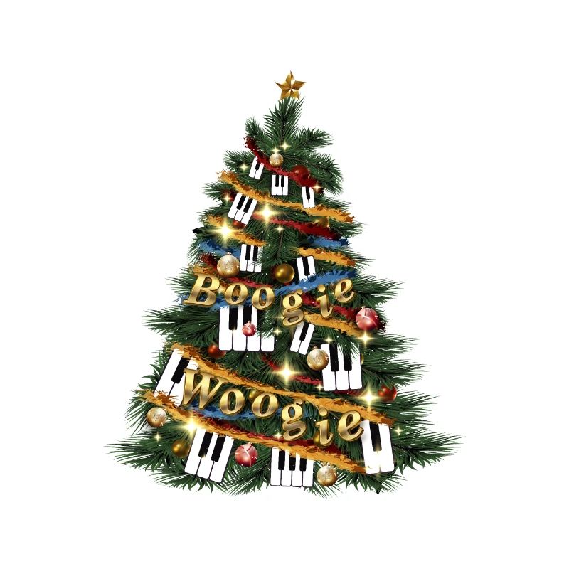 Fun Boogie Woogie and piano keys Xmas tree design.