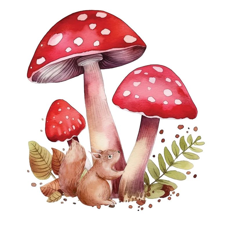 Écureuil mignon avec des champignons rouges mignon