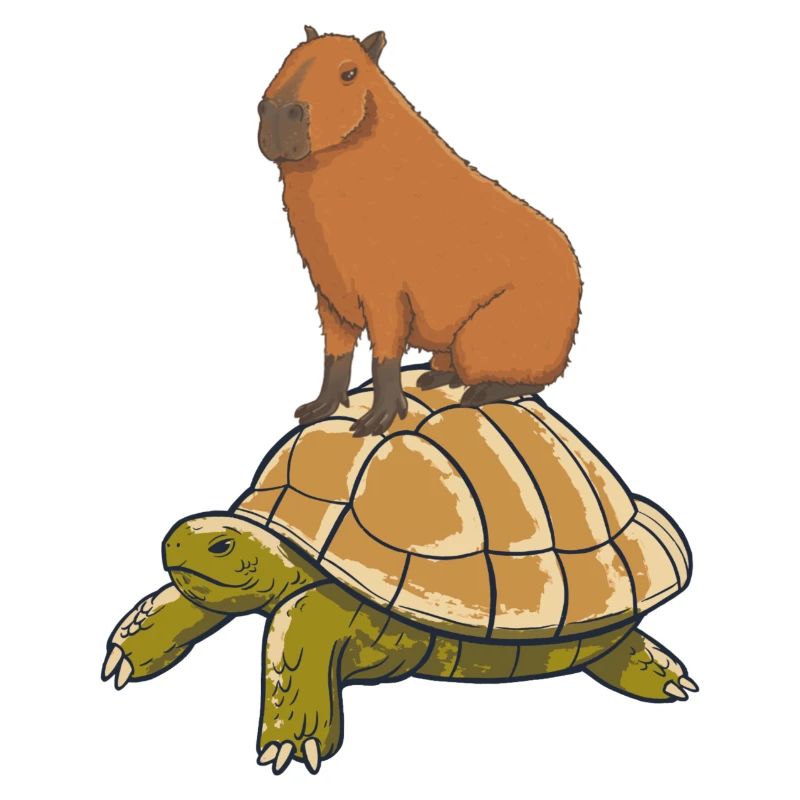 Capybara rides a turtle