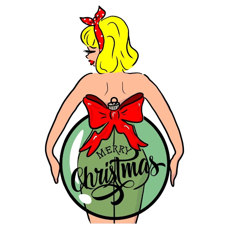 Frau mit Weihnachtskugel und roter Schleife