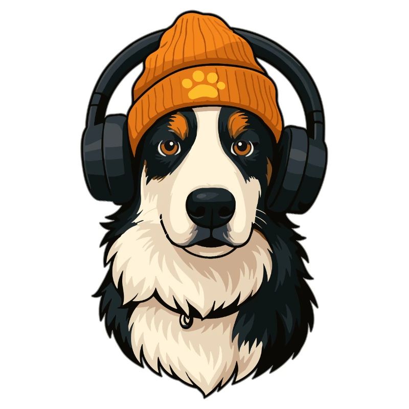 Cooler Australian Shepherd mit Mütze und Kopfhörer