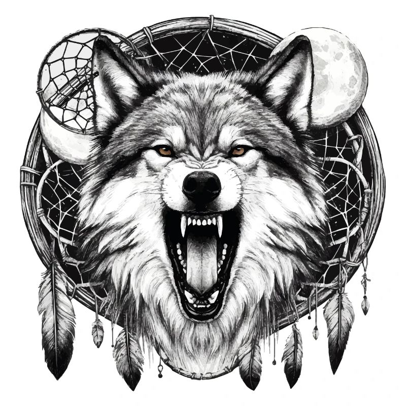 Wolf, moon, dream catcher.