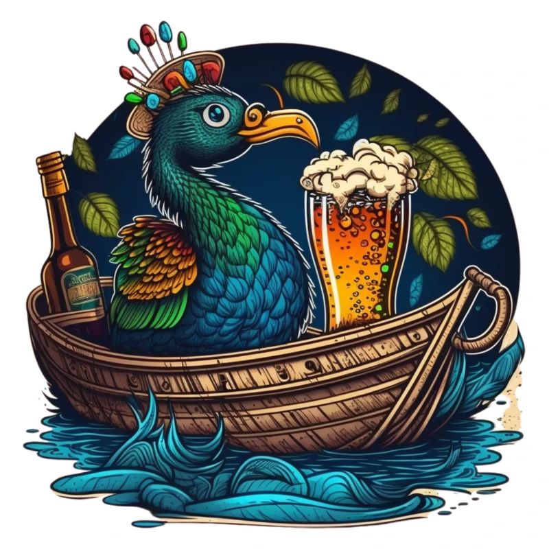Pfau im Boot mit Bierglas