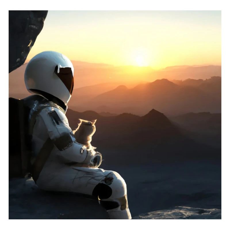 Astronaute avec chat regardant le coucher du soleil