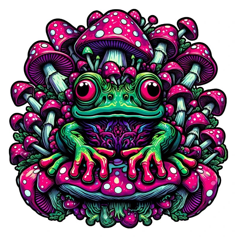 Psychedelic frog with mushrooms
