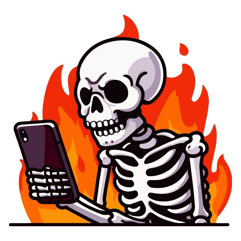 Angry skeleton looking at smartphone, flames