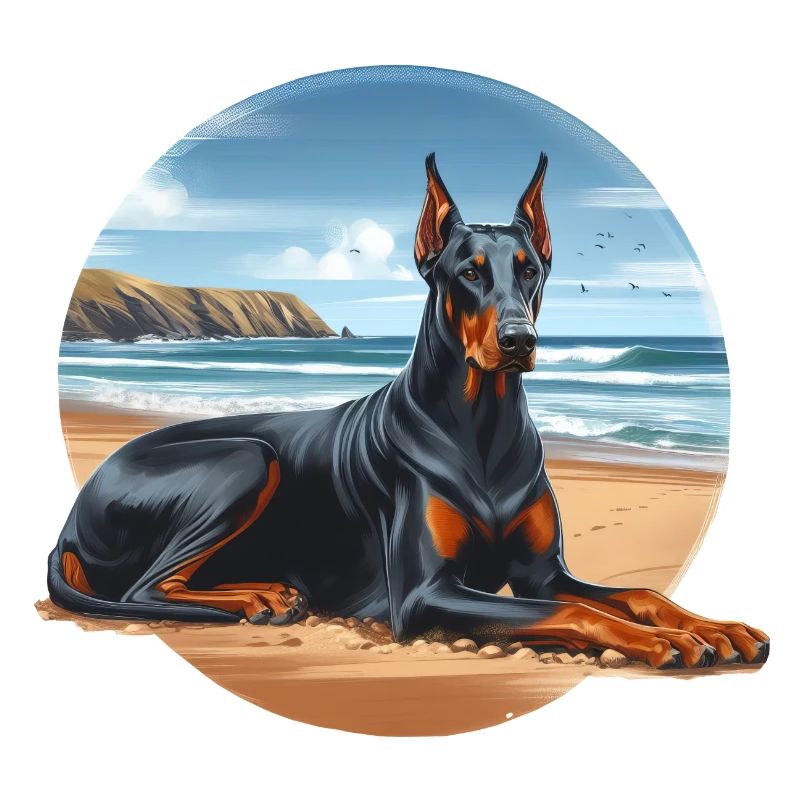 Doberman couché sur la plage