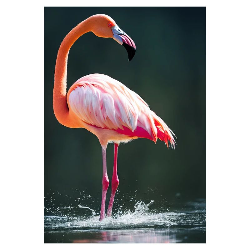 Flamant rose dans un lac avec des éclaboussures d’eau