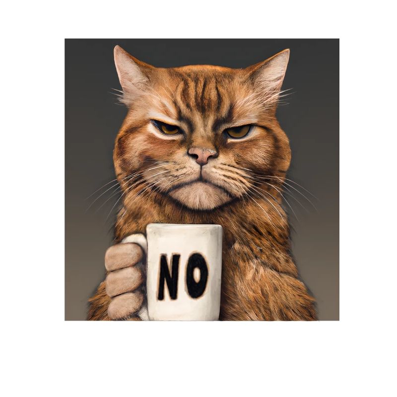 Grumpy funny cat with coffee cup says no
