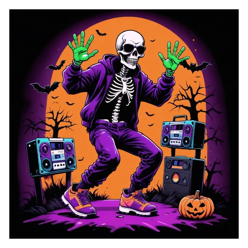 Skeleton Halloween Dance Cemetery Pumpkin Retro
