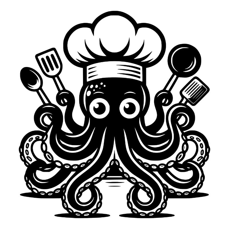 Mysterious kitchen octopus with chef's hat