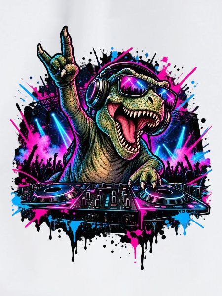 Techno Dinosaurier DJ mit Kopfhörern