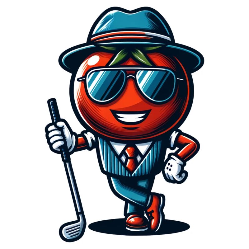 Drôle de tomate de golf dans un costume cool avec