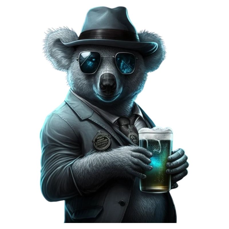 Koala im Anzug mit Bier und Sonnenbrille
