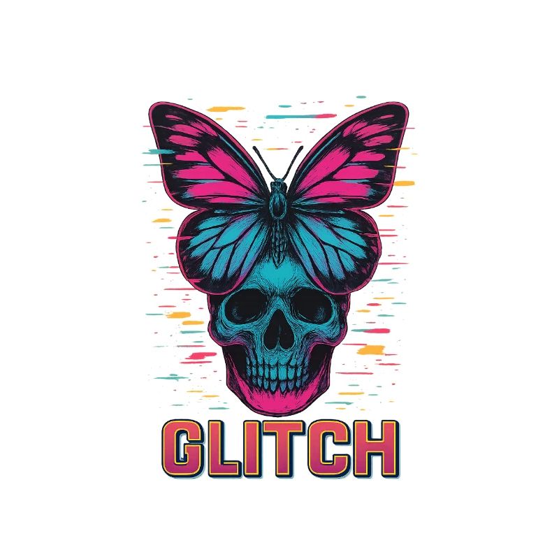 Neon Skull with Butterfly Design