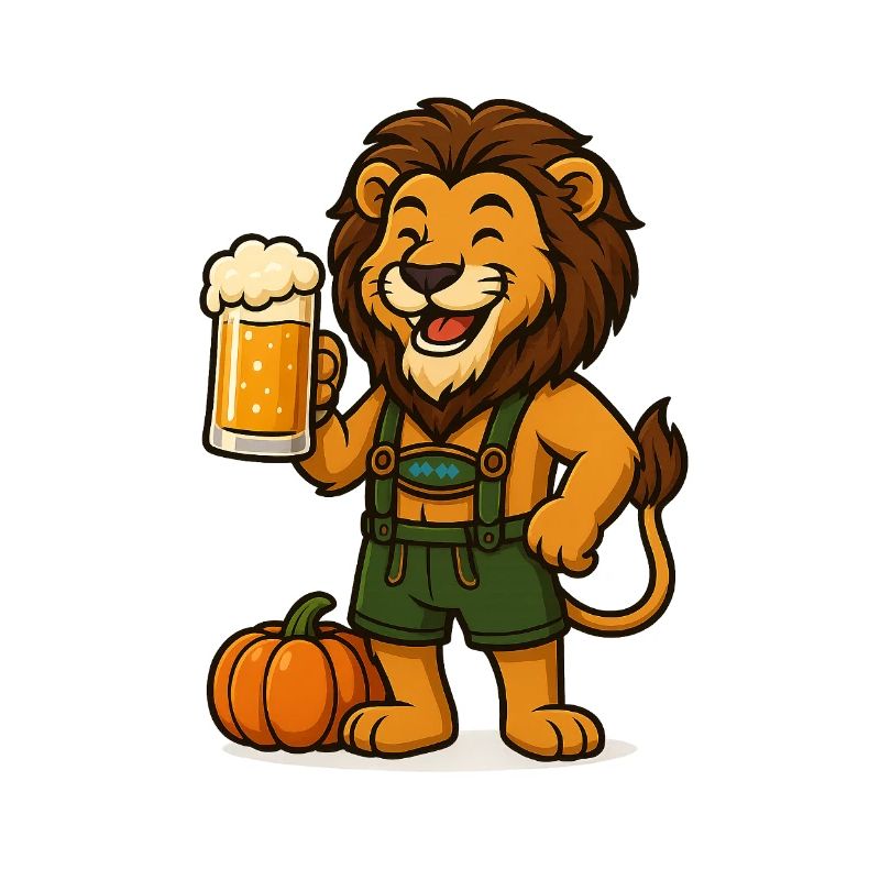 Herbstlicher Löwe mit Bier und Kürbis