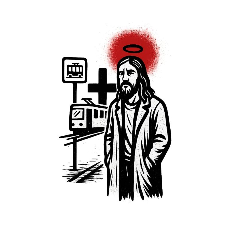 Saint over the Neon tram
