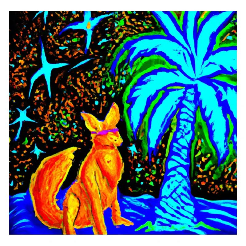 Neon Fox at a starry night with palm tree