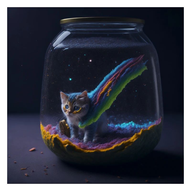 Chat dans un bocal avec cape arc-en-ciel