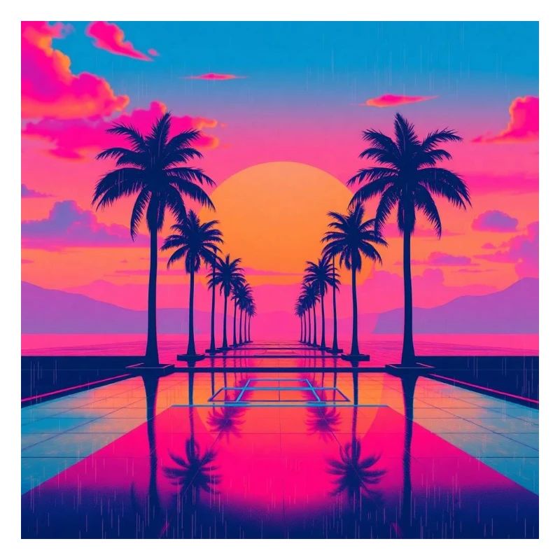 80s retro sunset scene featuring palm trees ne,mia