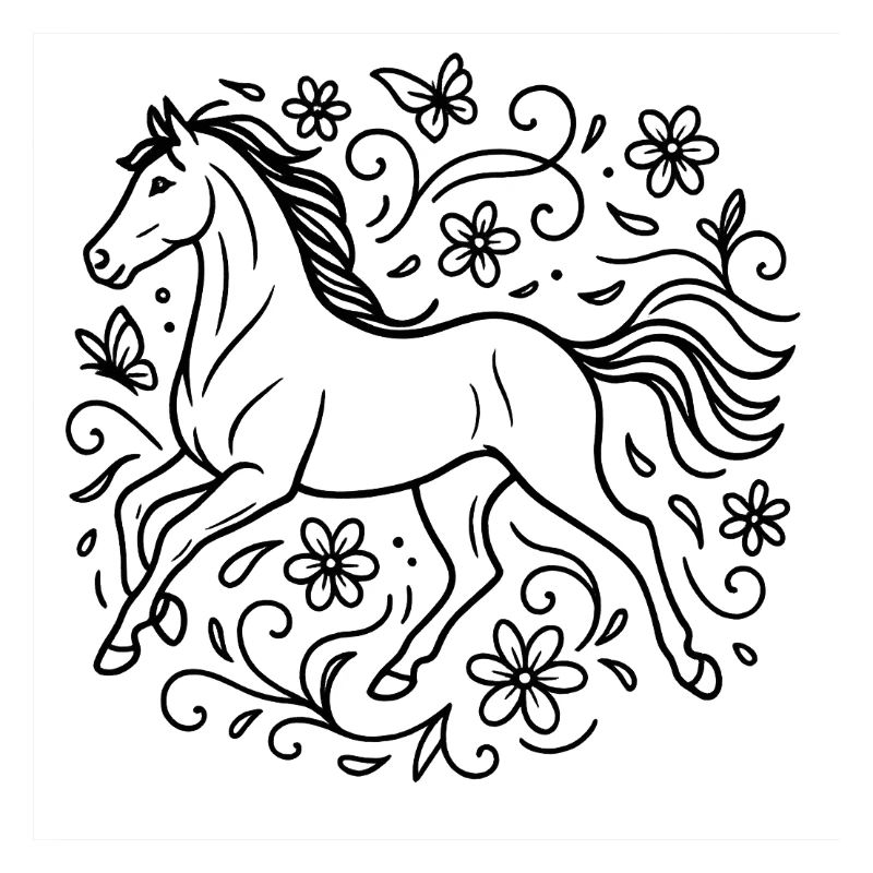 Pferd mit Blumen und Schmetterlingen