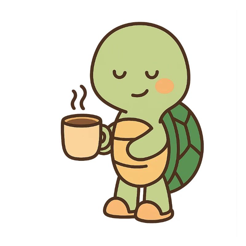 Schildkröte mit einer Tasse Kaffee (links)