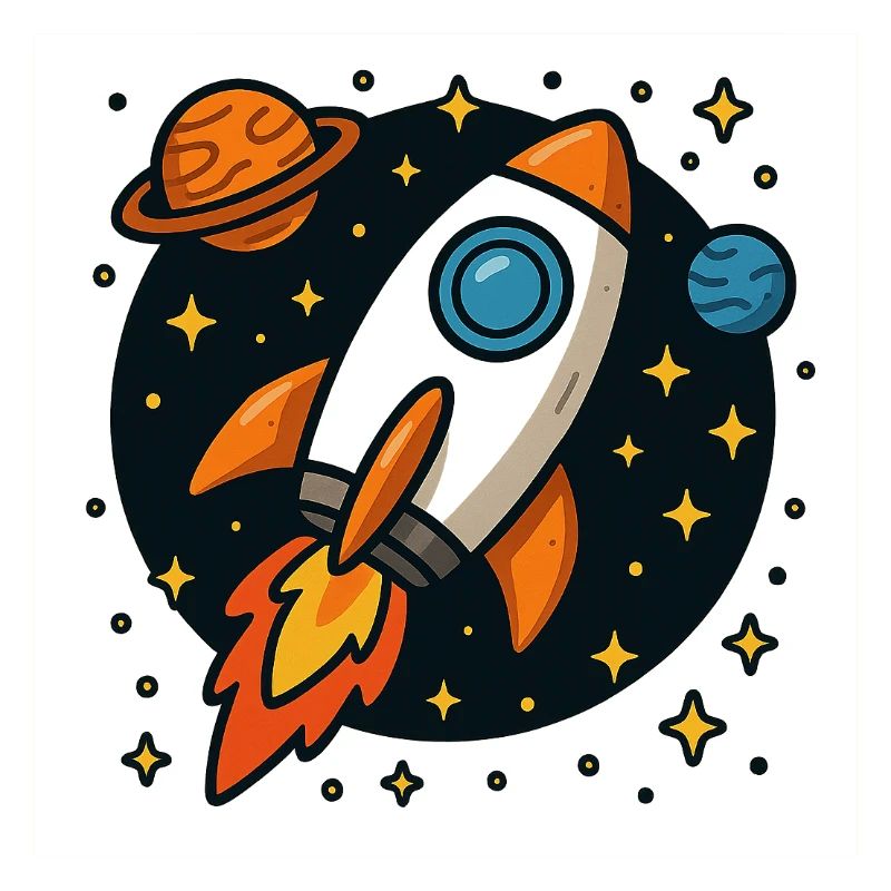 Retro space rocket in star orbit