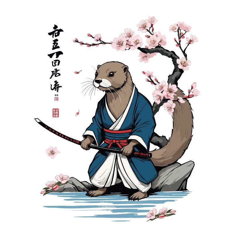 Cute Samurai Otter Cherry Blossom Ukiyo-E Design