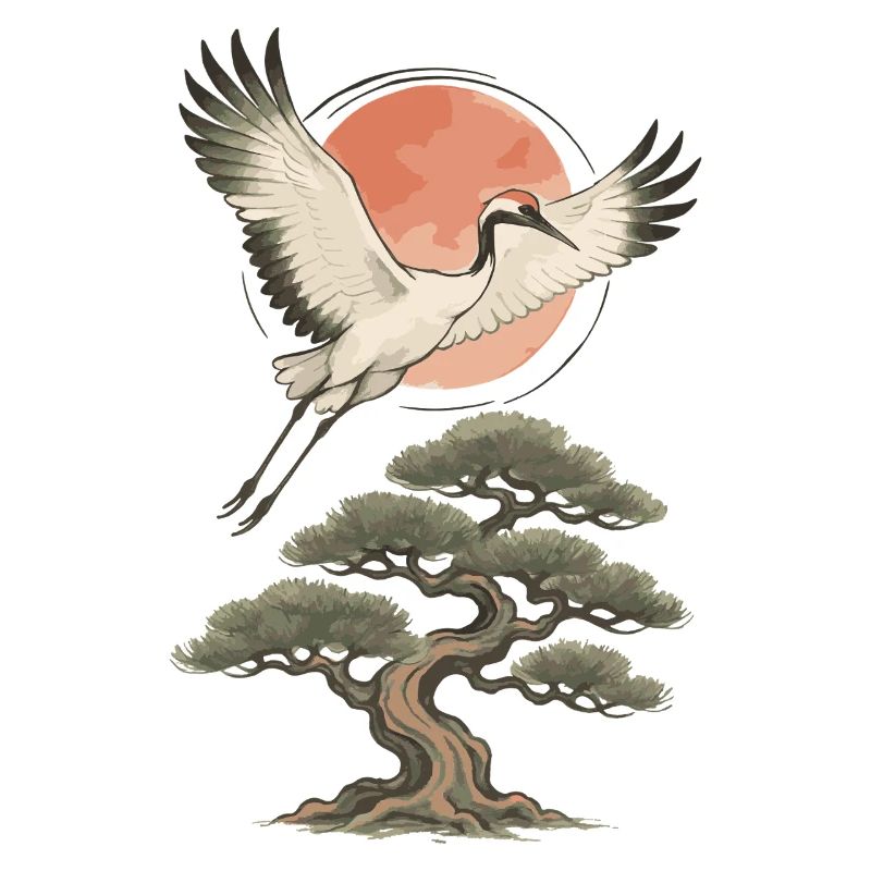 Flying Crane Over Pine Tree