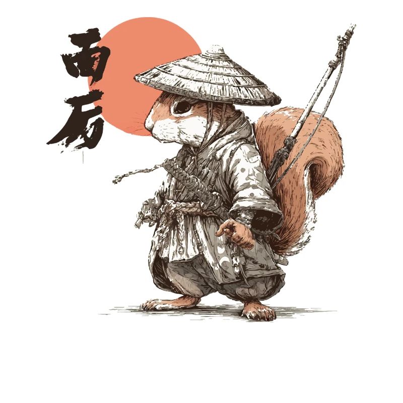 Samurai-Eichhörnchen unter roter Sonne