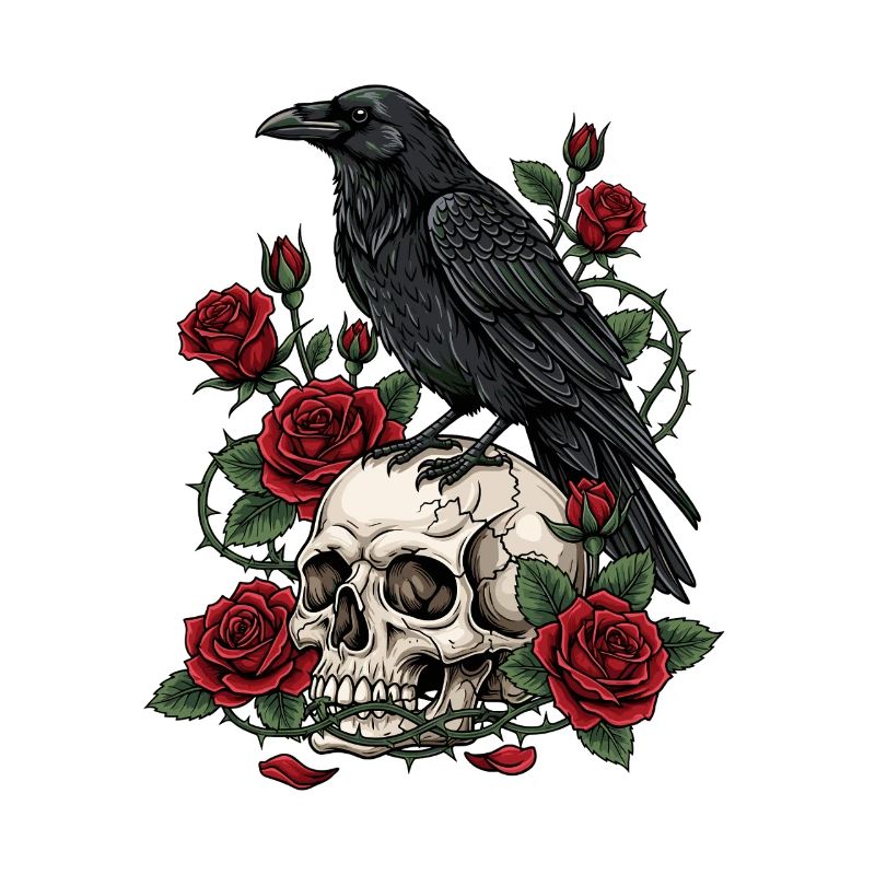 Mitternachtskrähe auf Totenkopfrosen