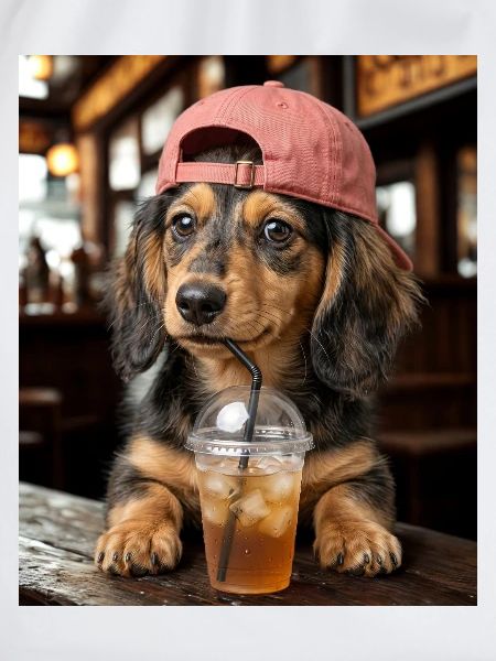 Hund mit Eistee und roter Cap