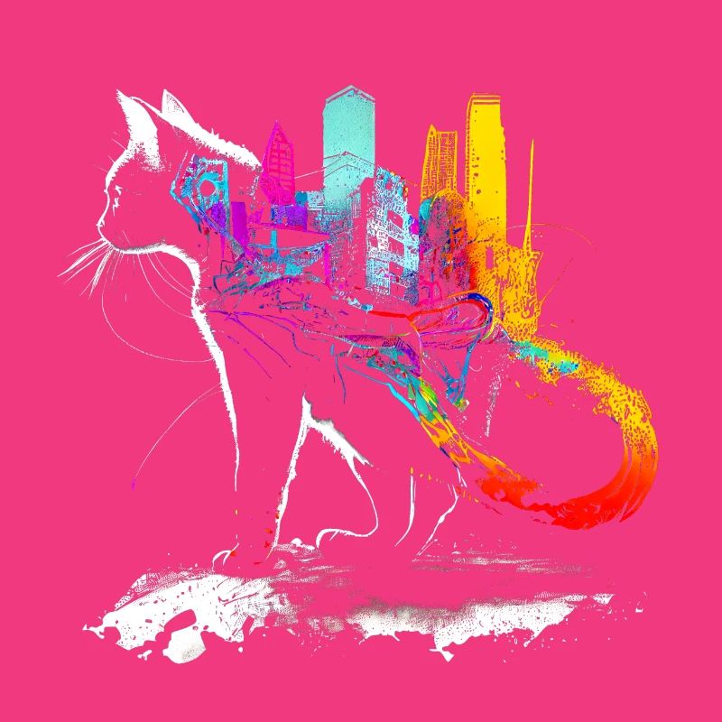 Chat avec une ville colorée sur le dos