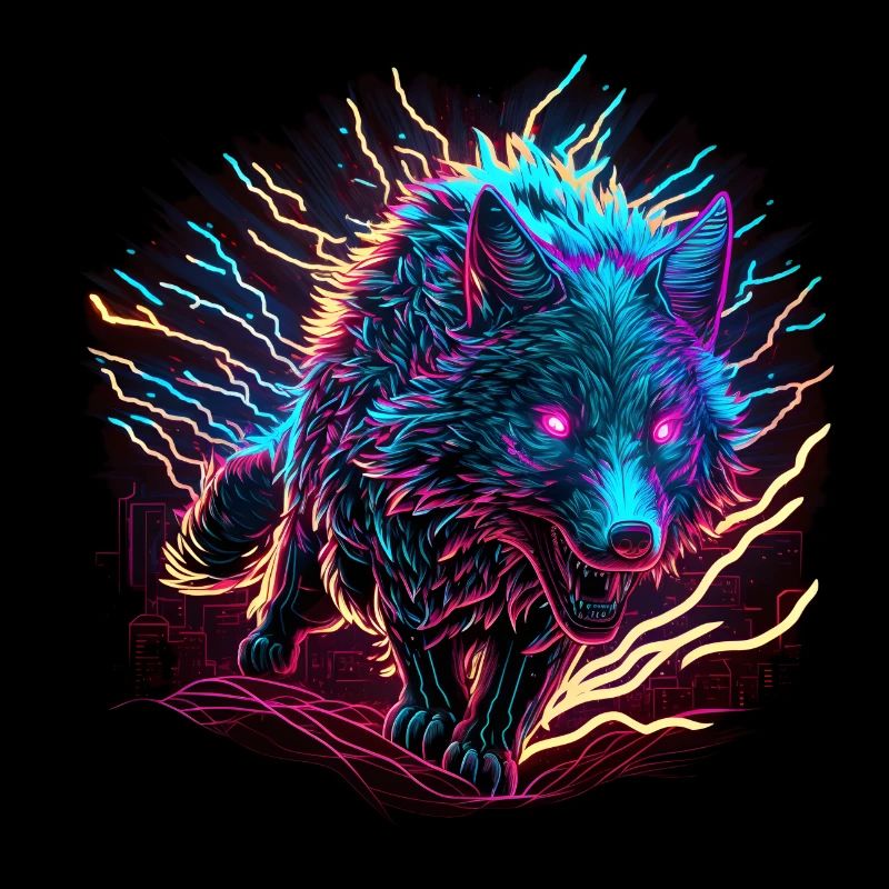 Wolf Neon Illustration Synthwave Art
