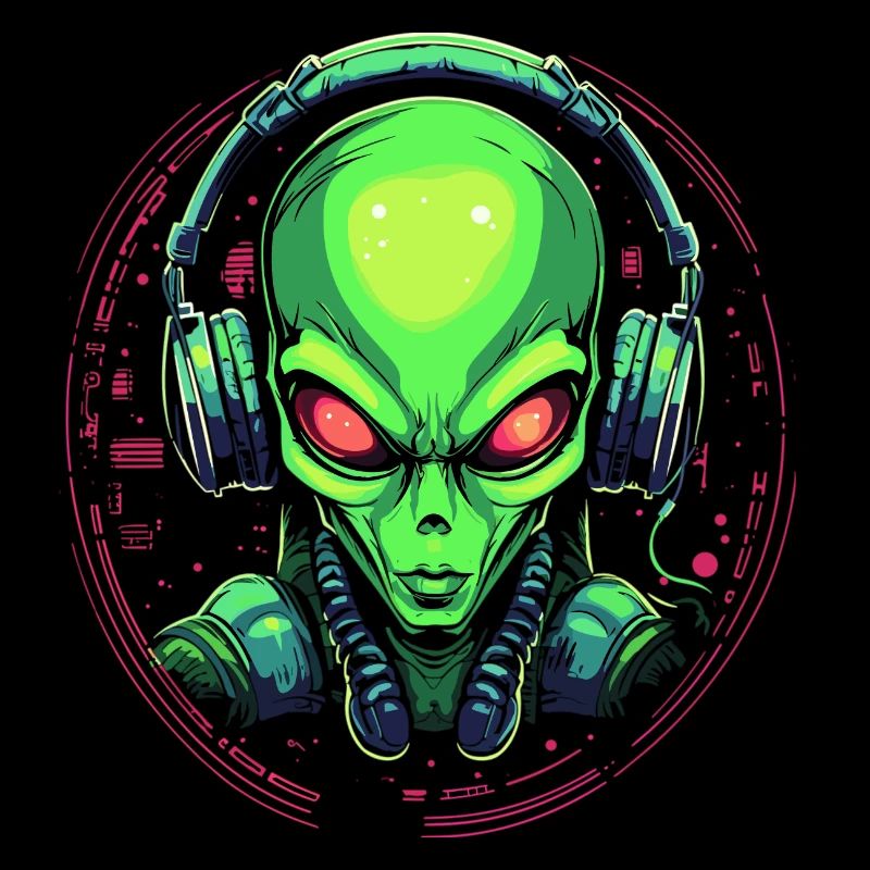 Alien mit Kopfhörer Ausserirdischer DJ Musik