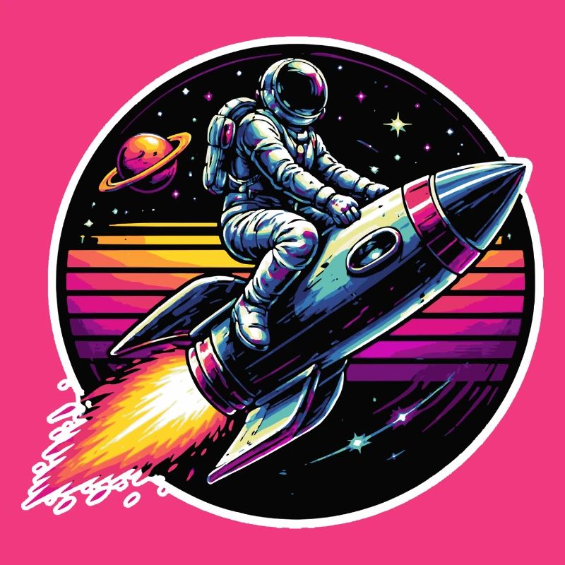 Astronaut on rocket in retro sunset