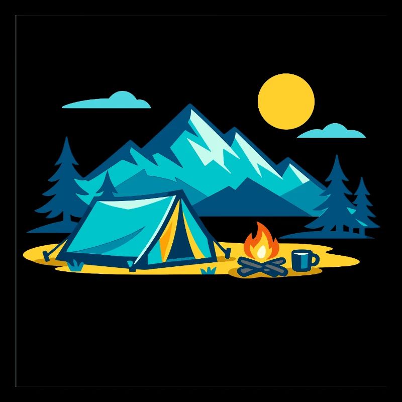 Mountain tent camping under sunny mountain scenery