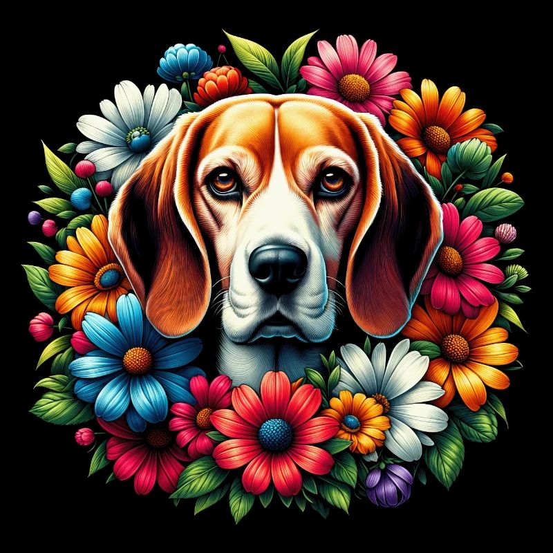 Mignon beagle aux fleurs colorées