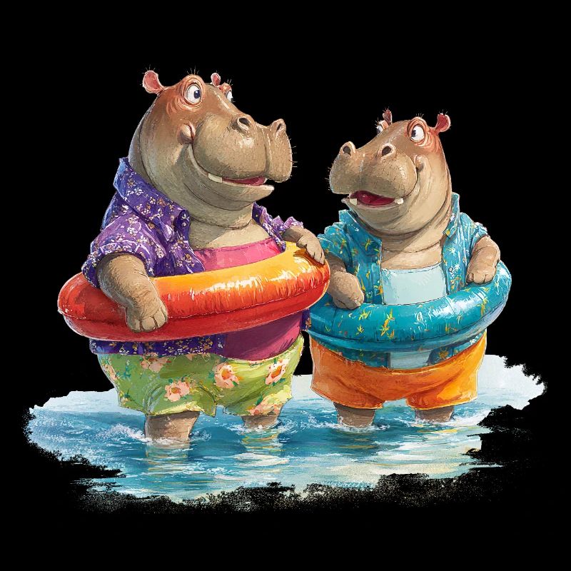 Hippos am Strand mit Schwimmreifen