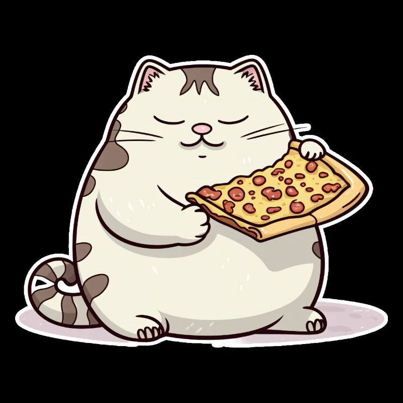 Le gros chat blanc aime sa pizza plus que tout